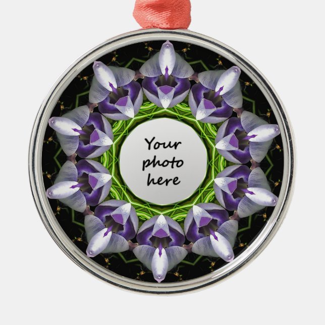 Ornamento De Metal Arte de Mandala Floral Roxo em Caleidoscópio (Frente)