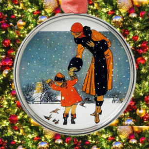Ornamento De Metal Arte Deco Vintage de Inverno Mãe e Filho na Neve