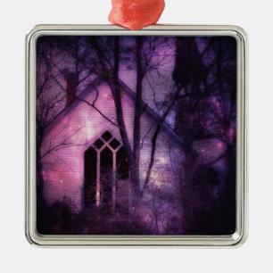 Ornamento De Metal Arte Digital Purple Night Sky, Igreja Abandonada
