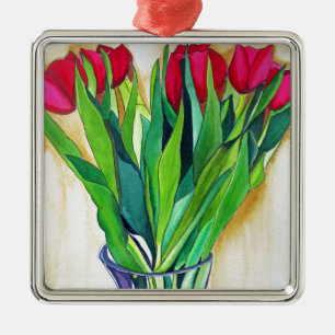 Ornamento De Metal arte em aquarela de tulipas rosa e vermelha