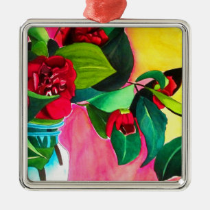 Ornamento De Metal arte floral de Camélias Vermelhas