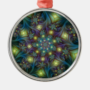 Ornamento De Metal Arte Fractal Abstrata Iluminada Brilhante Turquesa