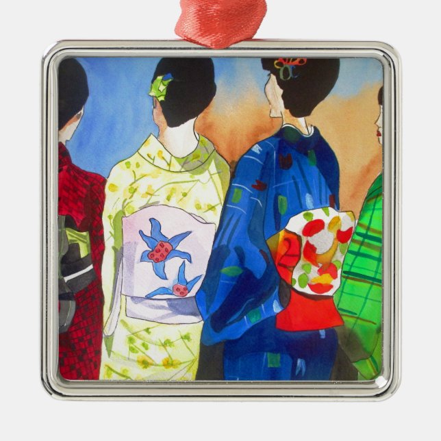 Ornamento De Metal Arte Geisha Japonesa primavera kimono (Frente)