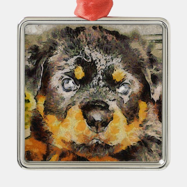 Ornamento De Metal Artístico Rottweiler Puppy Retrato (Frente)