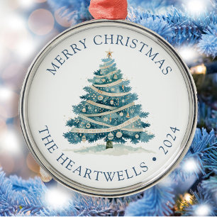 Ornamento De Metal Árvore de Natal em Aquarela Azul Personalizada de