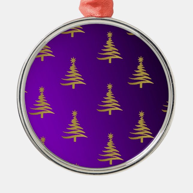 Ornamento De Metal Árvores de Natal Douradas em Roxo (Frente)