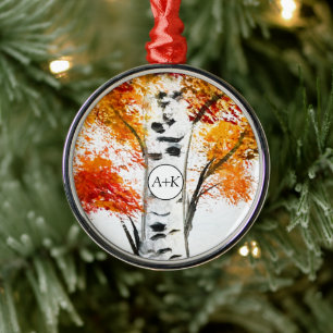 Ornamento De Metal Árvores de Pássaros de Aquarela Queda de Casamento