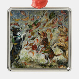 Ornamento De Metal Autumn Tailwag Whimsical Golden Retriever Dogs Oil