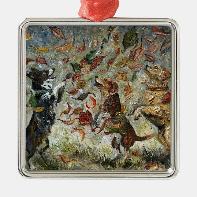 Ornamento De Metal Autumn Tailwag Whimsical Golden Retriever Dogs Oil (Frente)