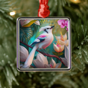 Ornamento De Metal Ave Fantasia com Crista Branca e Peito Rosado