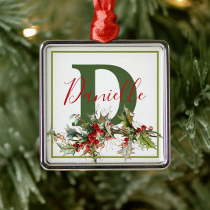 Ornamento De Metal Azevinho e bagas personalizado