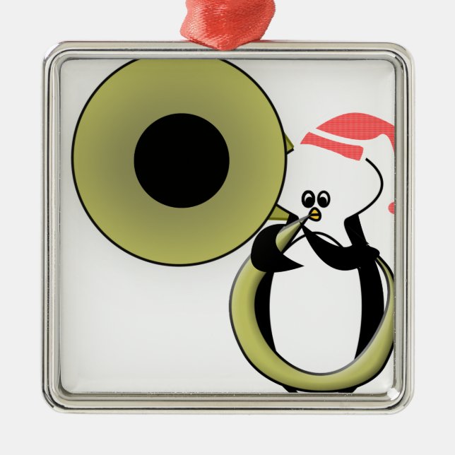 Ornamento De Metal Baby Penguin com Tuba (Frente)