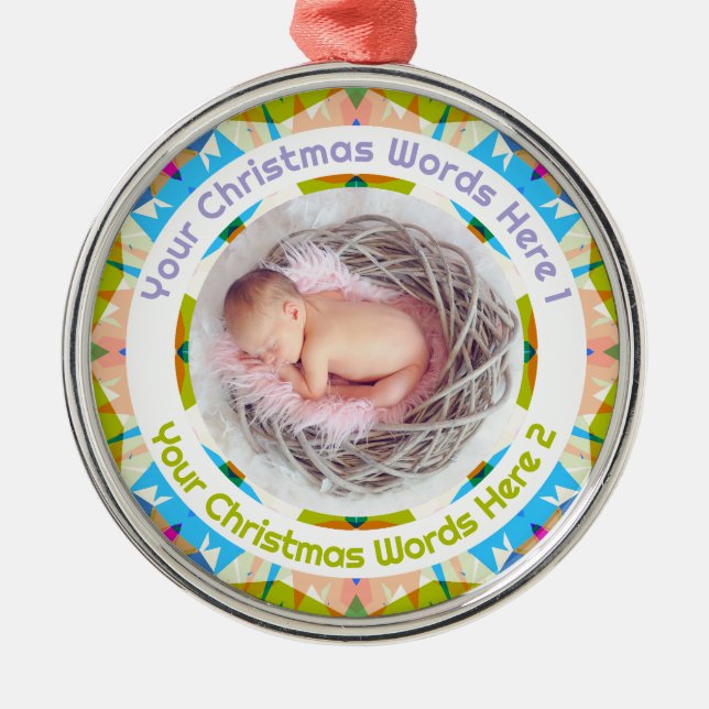 Ornamento De Metal Baby’s First Christmas Blue Pink Green Photo Gift (Frente)