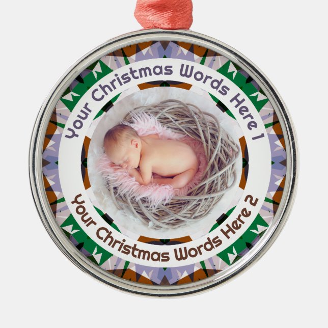 Ornamento De Metal Baby’s First Christmas Brown Green Purple Photo (Frente)