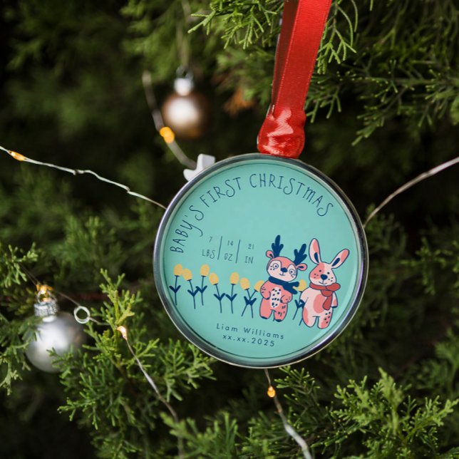 Ornamento De Metal Baby’s First Christmas cute Reindeer Friends (Criador carregado)