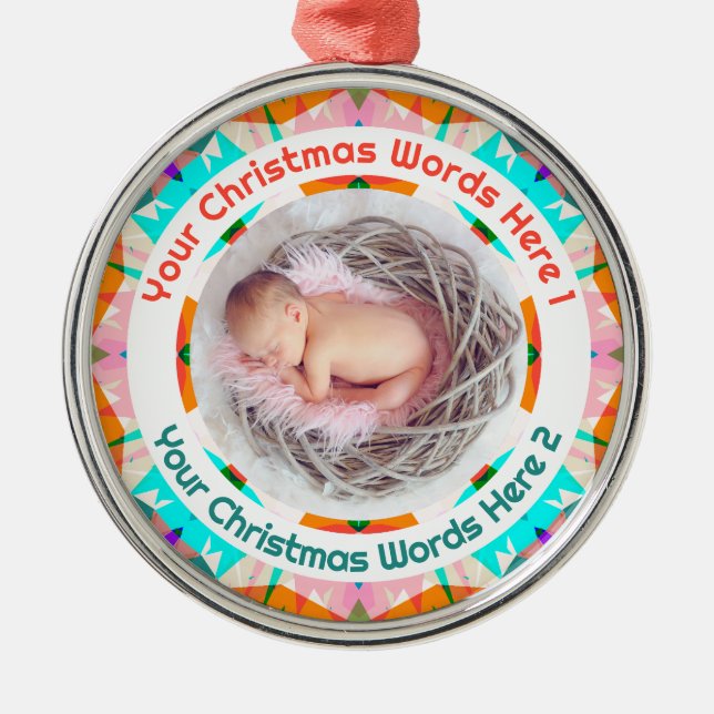Ornamento De Metal Baby’s First Christmas Orange Blue Pink Photo Gift (Frente)