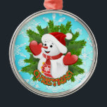 Ornamento De Metal Baby Snowman com Ornament Crystal Snowflakes<br><div class="desc">Fundo cristalino com flocos de neve com um bebê bonitinho Snowman para as Férias de Natal</div>