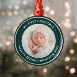 Ornamento De Metal Baby's 1st Christmas Modern Photo Green and White<br><div class="desc">Celebrate the simple joys of the holiday season with a stylish green and white custom photo round metal ornament. Gender neutral design is suitable for a new baby boy or girl. Wording and picture on this template are simple to personalize. "My First Christmas" quote is easy to change in case...</div>