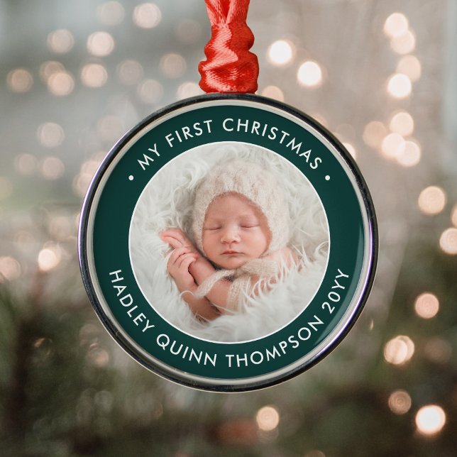 Ornamento De Metal Baby's 1st Christmas Modern Photo Green and White (Criador carregado)