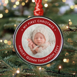 Ornamento De Metal Baby's 1st Christmas Modern Photo Red and White