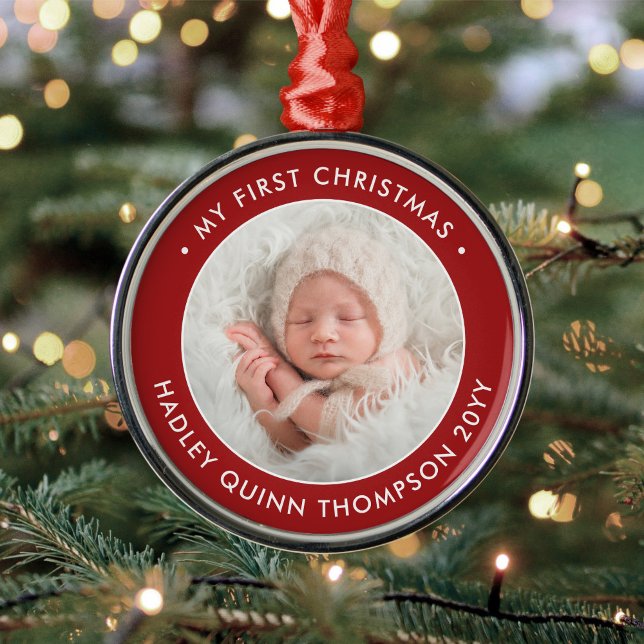 Ornamento De Metal Baby's 1st Christmas Modern Photo Red and White (Criador carregado)
