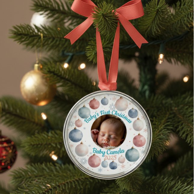 Ornamento De Metal Baby's First Christmas 2025 Personalized Photo  (Criador carregado)