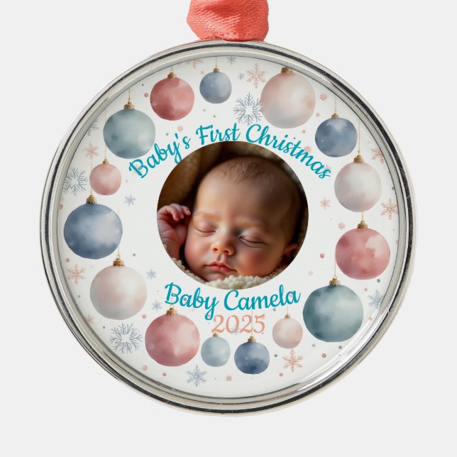 Ornamento De Metal Baby's First Christmas 2025 Personalized Photo  (Frente)