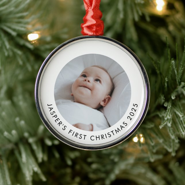 Ornamento De Metal Baby's First Christmas Photo (Árvore)