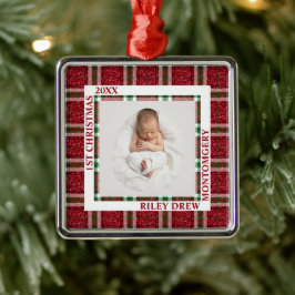Ornamento De Metal Baby's First Christmas Photo Plaid