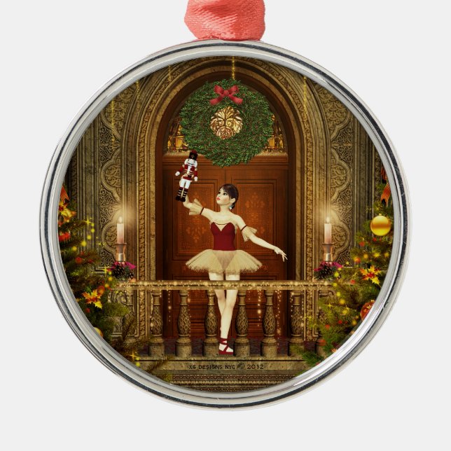 Ornamento De Metal Ballerina e Nutcracker Round Silver Ornament (Frente)