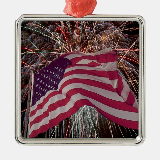 Ornamento De Metal Bandeira Americana e Fireworks (Frente)