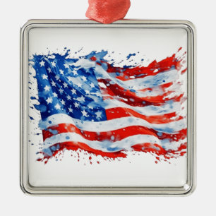 Ornamento De Metal Bandeira Americana EUA Aquarela 4 de Julho