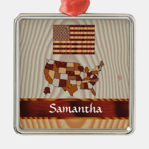 Ornamento De Metal Bandeira e mapa americanos de madeira