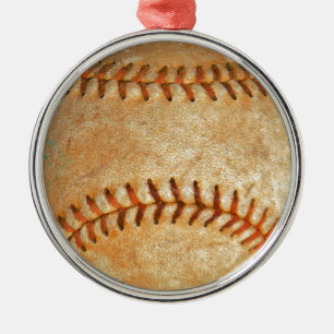 Ornamento De Metal Baseball Branco Vintage com costura vermelha