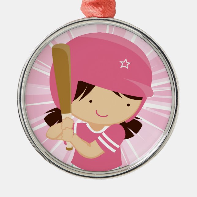 Ornamento De Metal Batedor de Softball em Rosa e Branco (Frente)
