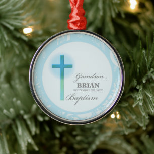 Ornamento De Metal Batismo do Neto Azul com Renda Personalizado
