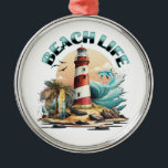 Ornamento De Metal Beach Life<br><div class="desc">Enfeites de natal temático da praia. Ilustração de uma cena de praia com farol, pranchas, palmeiras e golfinhos.</div>