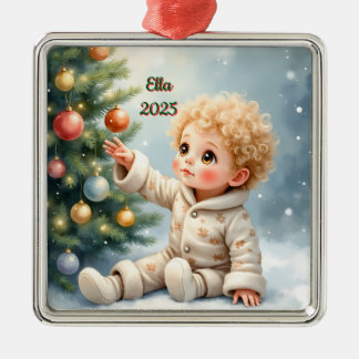 Ornamento De Metal Bebê menina ou menino de Natal personalizado senta