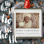 Ornamento De Metal Bebê Primeiro Natal Foto Moderna Minimalista<br><div class="desc">Design é composto por tipografia divertida e divertida com fontes sans serif e serif. Adicione uma foto personalizada do seu bebê ou altere o filtro de fotos.</div>