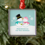 Ornamento De Metal Beijando o Natal de Snowmen<br><div class="desc">Enfeites de natal personalizado com uma ilustração vetorial adorável e única de um casal de homens de neve se beijando na neve em um fundo azul de inverno. Personalize-o com os seus nomes, data de aniversário de casamento, ou qualquer texto da sua escolha para fazer a manutenção perfeita do Primeiro...</div>