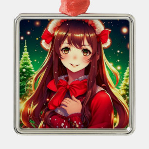Ornamento De Metal Bela Garota de Anime de Natal Vermelho