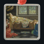 Ornamento De Metal Beleza adormecida (por John Collier)<br><div class="desc">Este design apresenta uma pintura do artista britânico Pre-Raphaelite John Collier (1850-1934). Mostra uma bela mulher dormindo em um grande castelo medieval. Duas de suas irmãs estão se ajoelhando ao lado da cama sentindo tristeza e tristeza. A cama tem gravuras e entalhes intrincados. Há tecidos caros nas cortinas e nos...</div>