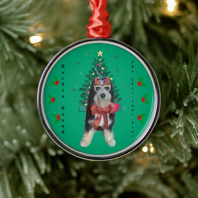 Ornamento De Metal Bernedoodle in Christmas Outfit Rockin Round Tree (Árvore)