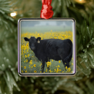 Ornamento De Metal Bezerro Preto em um Campo de Girassóis