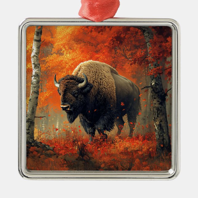 Ornamento De Metal Bison no Trabalho de arte de Autumn Woods (Frente)
