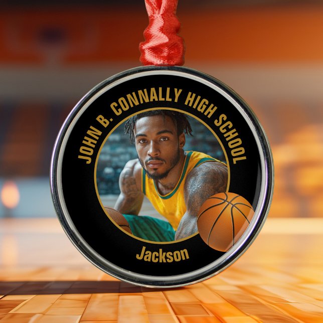 Ornamento De Metal Black Gold Basketball Player Photo Christmas (Criador carregado)