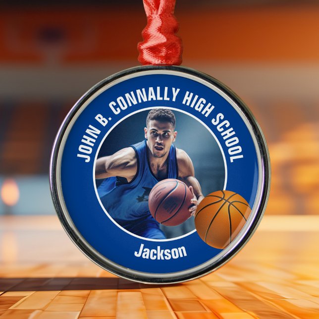 Ornamento De Metal Blue Basketball Player Photo Christmas (Criador carregado)