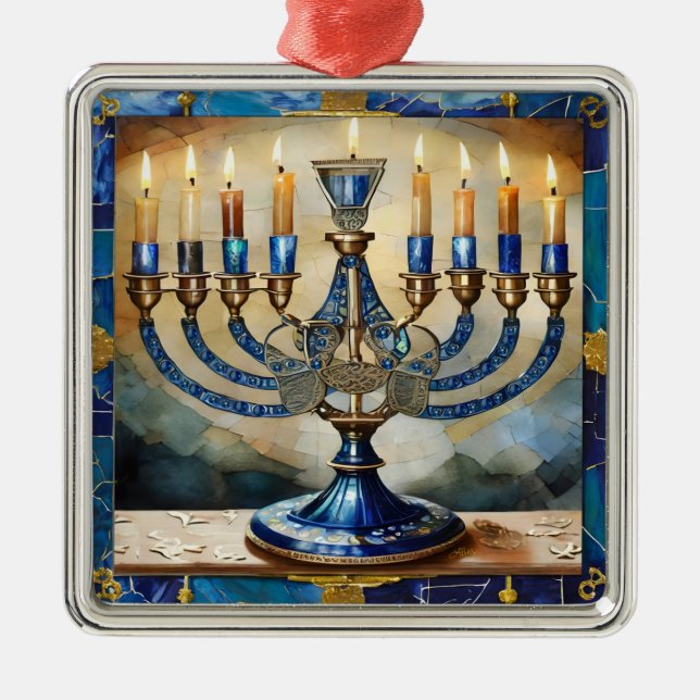 Ornamento De Metal Blue Hanukkah Menorah (Frente)