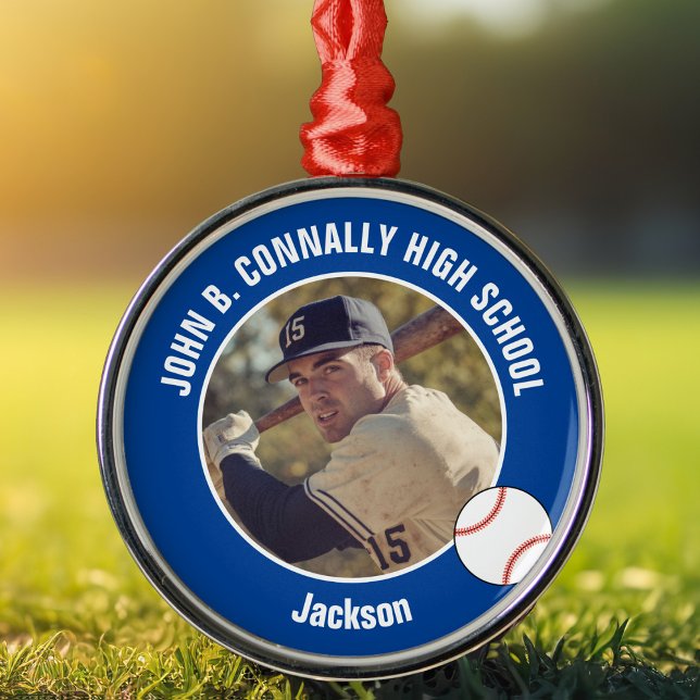 Ornamento De Metal Blue High School Baseball Player Photo Christmas (Criador carregado)