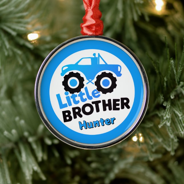 Ornamento De Metal Blue Little Brother Monster Truck Custom Name (Árvore)